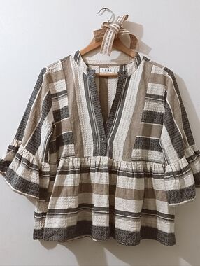 Thml Neutral Striped V-Neck Ruffled Bell Flare Sleeve Cotton Waffle Peasant Top